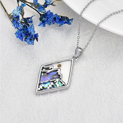 304 Stainless Steel Pave Natural Paua Shell & Mustard Seeds Rhombus with Mountain Faith Pendant Necklaces FS-WG4919D-01-1