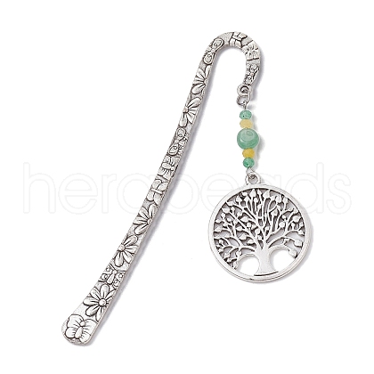 Natural Malaysia Jade & Green Aventurine Beaded Pendant Bookmarks with Alloy Tree of Life AJEW-JK00255-04-1