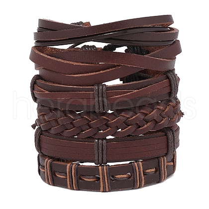 6Pcs 6 Style Adjustable Braided Imitation Leather Cord Bracelet Set with Waxed Cord for Men BJEW-F458-12-1