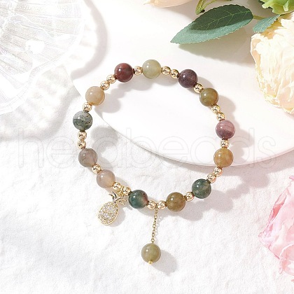 Natural Indian Agate Round Beaded Bracelets BJEW-JB11933-01-1