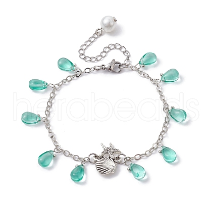 Alloy Starfish Scallop Shell Shape with Glass Teardrop Charm Bracelets BJEW-JB09983-02-1