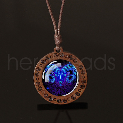 Flat Round with Twelve Constellations Blue Glass & Wood Pendant Waxed Leather Cord Necklace for Women Men WG486C3-01-1