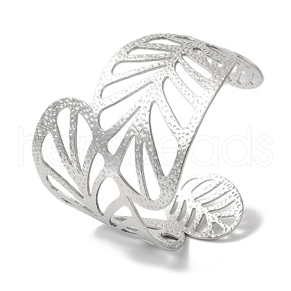 Stainless Steel Hollow Leaf Open Cuff Bangles for Women BJEW-G719-11P-1