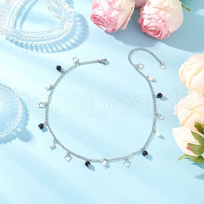 Natural Black Agate(Dyed & Heated) & Natural Pearl & 304 Stainless Steel Heart Tassel Curb Chain Necklaces NJEW-JN05342-1
