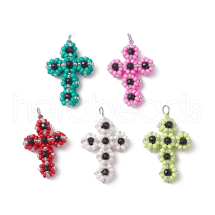 Glass Seed Beaded Cross Pendants PALLOY-MZ00642-1