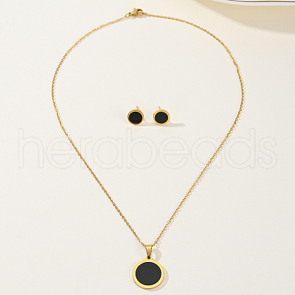 Elegant Stainless Steel Flat Round Stud Earrings & Necklaces Set for Women RX5936-1
