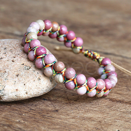 Natural Rhodonite Round Beaded Braided Bead Bracelets WGA4FF5-01-1