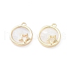 Rack Plating Brass Flat Round Charms with Shell KK-A183-46G-2