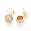 Brass Micro Pave Cubic Zirconia and ABS Imitation Pearl Stud Earrings KK-T074-47G-3