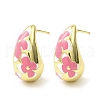 Teardrop with Flower Real 18K Gold Plated Brass Enamel Stud Earrings EJEW-L270-013G-04-1