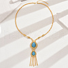 Fashionable Vintage Brass & Resin Imitation Gemstone Tassel Teardrop Pendant Necklaces for Women FQ7725-3-1