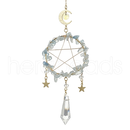 Wire Wrapped Natural Aquamarine Chips & Brass Ring Pendant Decoration HJEW-TA00083-01-1