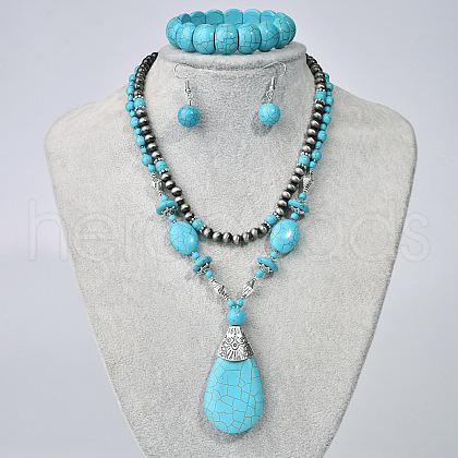 Teardrop Synthetic Turquoise Pendant Necklaces & Dangle Earrings & Stretch Bracelets Sets FS-WGCD8C0-01-1