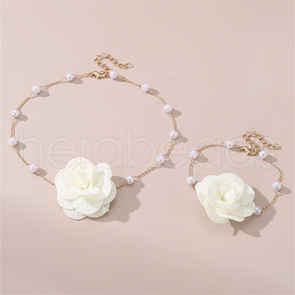 Rose Cloth & Plastic Pearl Pendant Necklaces & Charm Bracelets Sets FS-WG981E4-01-1
