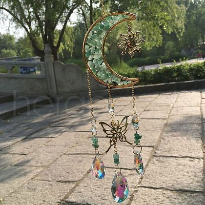 Natural Green Aventurine Chip & Metal Moon Hanging Suncatchers PW-WG15083-08-1