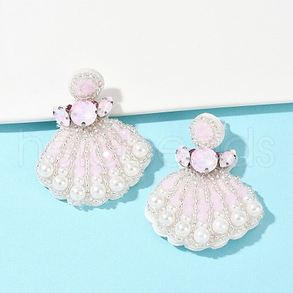 Shell Shape Glass Seed Beads Dangle Stud Earrings EJEW-S273-02-1
