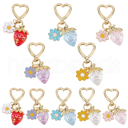 10Pcs 5 Colors Acrylic Strawberry & Alloy Enamel Flower Pendant Decorations HJEW-WR00003-1