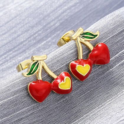 Cherry Brass Stud Earrings EJEW-H158-03G-1