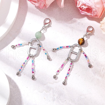 Tiger Eye Beads with Natural Quartz Beads and 201 Stainless Steel Links and Glass Seed Beads and Zinc Alloy Lobster Claw Clasps Decorations HJEW-JM03035-1