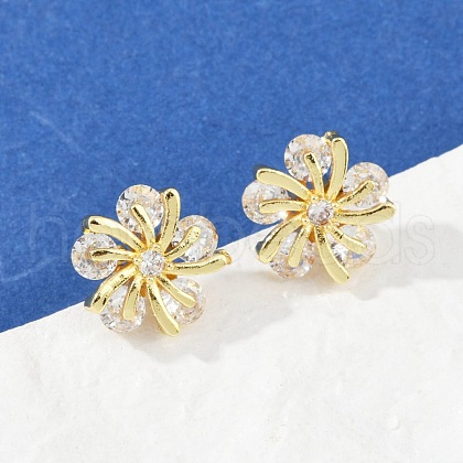 Flower Brass Micro Pave Clear Cubic Zirconia Stud Earrings EJEW-U064-03B-G-1