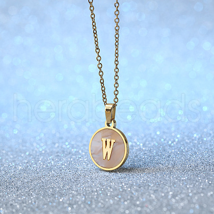Flat Round Stainless Steel Pave Natural White Shell Initial Pendant Necklaces for Women FS-WG6FA45-23-1