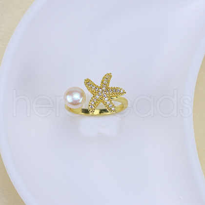 Mother's Day Jewellery Natural Freshwater Pearl with Clear Cubic Zirconia Cuff Rings WGACE42-22-1