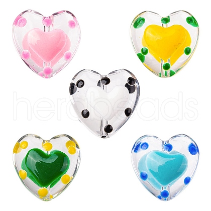 5Pcs 5 Colors Transparent Glass Heart Beads GLAA-YW0003-18-1