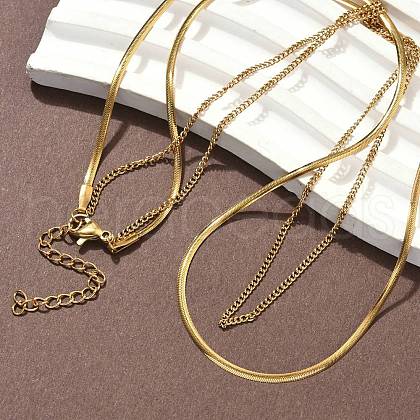 304 Stainless Steel Flat Snake Chain Twisted Chain Double Layer Necklaces NJEW-S453-01G-A-1