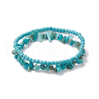 Chip & Round Synthetic Turquoise Beaded Stretch Bracelets for Women BJEW-JB10189-06-1