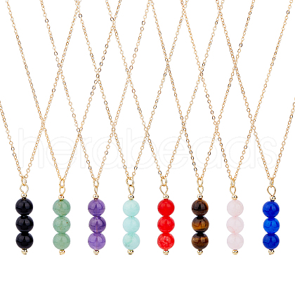 8Pcs 8 Style Natural Mixed Gemstone Round Beaded Pendant Necklaces Set with Iron Cable Chains NJEW-AB00025-1