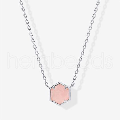 Brass Pave Natural Rose Quartz Hexagon Pendant Necklaces for Women FS-WG13B5A-05-1