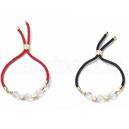 2Pcs 2 Color Synthetic Moonstone & Brass Heart Beaded Slider Bracelet BJEW-JB08852-1
