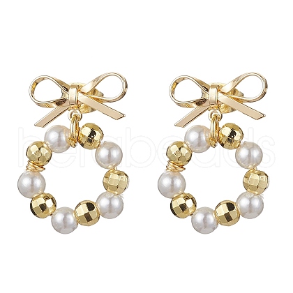 Ring & Bowknot Brass Dangle Stud Earrings EJEW-TA00349-1