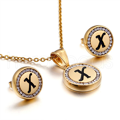 Flat Round with Letter Pattern 304 Stainless Steel Crystal Rhinestone Pendant Necklace & Stud Earring FS-WG33EDD-24-1