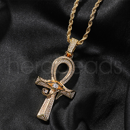 Eye of Horus Ankh Cross Brass Clear Cubic Zirconia Pendant Necklaces FS-WG16769-01-1