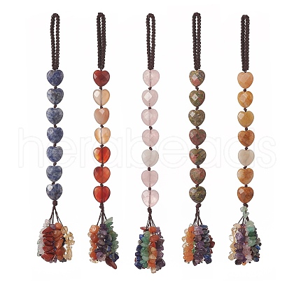 Heart Natural Gemstones & Mixed Stone Chips Tassel Pendant Decorations HJEW-JM00948-1