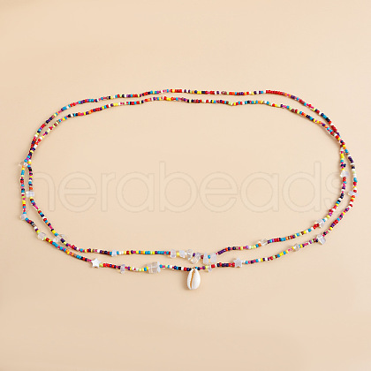 Bohemian Natural Cowrie Charm Glass Seed Beaded Double Layered Waist Belly Stretch Chains for Women FS-WG5D6A5-09-1