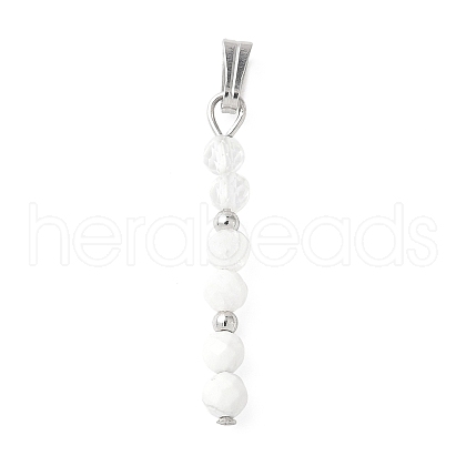 Faceted Round Natural Quartz Crystal & Howlite & Rainbow Moonstone Beaded Pendants PALLOY-JF03529-05-1