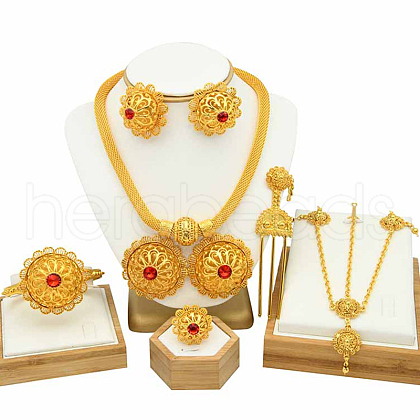 Flower Alloy Pendant Necklace & Stud Earring & Cuff Bangle & Ring & Hair Fork & Frontlet FS-WG4845C-01-1