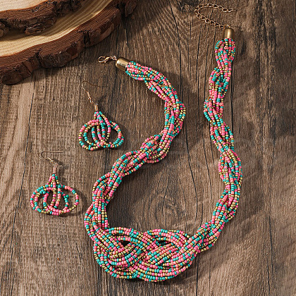 Bohemian Ethnic Style Acrylic Seed Beaded Multilayer Necklaces & Dangle Earrings Sets WG82ABA-12-1