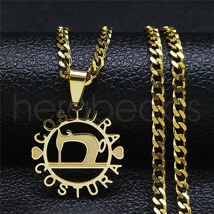 304 Stainless Steel Costura Sewing Machine Holloe Pendant Necklaces NJEW-K283-28G-1