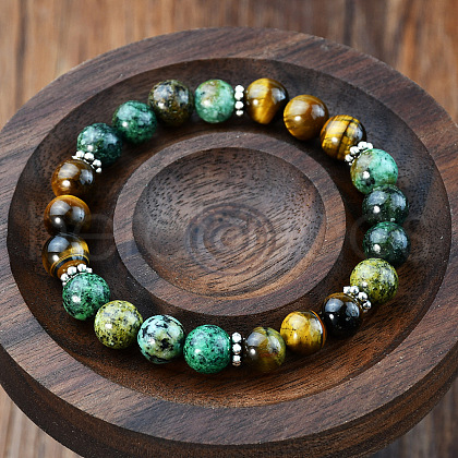 Natural Black Stone & African Turquoise(Jasper) & Tiger Eye Round Beaded Stretch Bracelets FS-WGB975F-01-1
