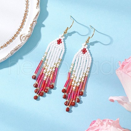 304 Stainless Steel Seed Bead Glass Tassel Dangle Earrings EJEW-MZ00432-01-1
