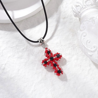 Glass Seed Beads & Synthetic Blue Goldstone Beaded Cross Pendant Necklaces NJEW-MZ00103-02-1