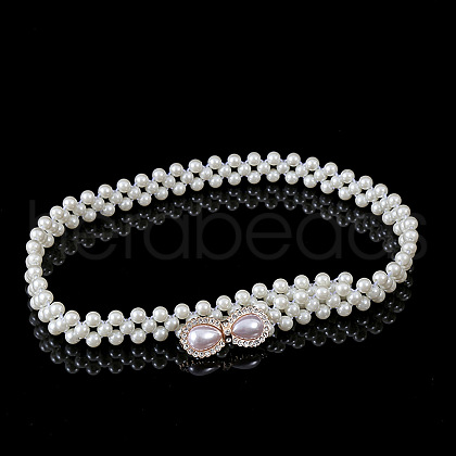White Acrylic Imitiaotn Pearl Beaded Elastic Chain Belts with Alloy Buckles WGEAB88-03-1