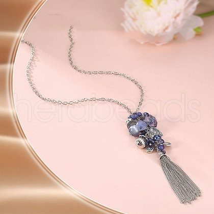 Bohemian Style Heart 201 Stainless Steel & Alloy & Glass Bead Tassel Pendant Necklaces for Women FS-WG72F44-02-1