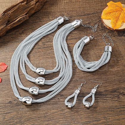 Alloy Barrel Beaded Multilayer Necklaces & Dangle Earring & Multilayer Bracelets Sets FS-WGE8EEA-02-1