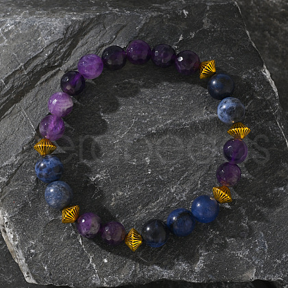 Natural Amethyst & Lapis Lazuli Round Beads Stretch Bracelets for Men Women SP2626-1