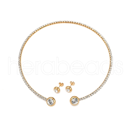 Round Plastic Imitation Pearl Stud Earrings & Cubic Zirconia Rhinestone Cuff Choker Necklaces Sets SJEW-U003-09G-1