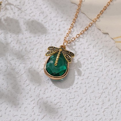 Dragonfly Teardrop Glass Pendant Necklaces PW-WG4D3BA-04-1